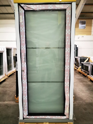 PVC DEUR VOL GLAS GEZANDSTRAALD MET 2 LIJNEN ZWART 980 x 2100mm RECHTS